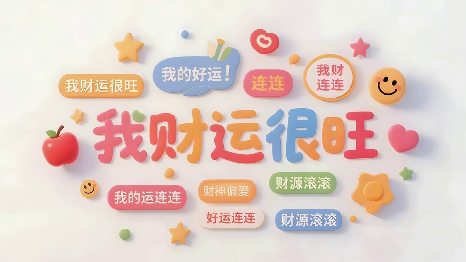 浅米白背景，3D立体“我财运很旺”艺术字被多彩好运标签和软萌装饰环绕。