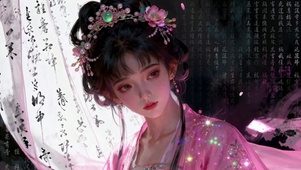 中国传统粉裙长发萝莉水墨风女孩