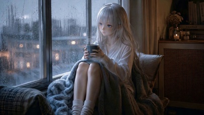 雨天窗边银发美少女