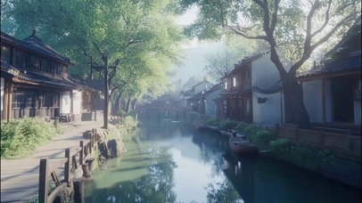 朦胧夏日早晨水乡古城