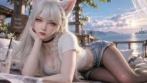 海边猫耳白发美女