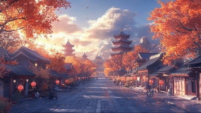 秋日红叶古城静谧街道