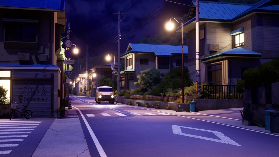 日系二次元动画风格深夜居民区街道夜景，深紫色夜空下民居错落，暖黄路灯点亮路面。