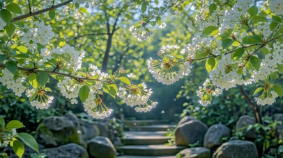 清新春日白樱林间步道