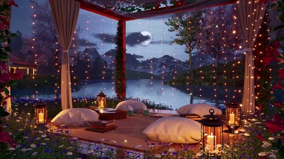 夜晚高山湖畔木屋