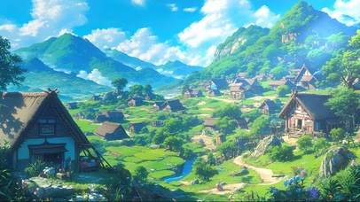 晴天云雾山谷村庄