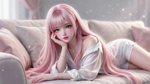 粉发少女的慵懒沙发时光
