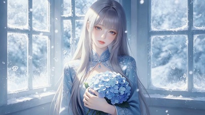 冬日窗边银发蓝裙美少女