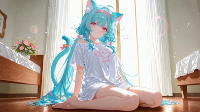 窗边的蓝发猫耳少女薄荷