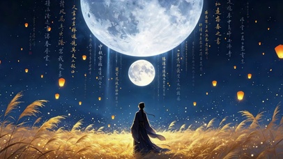 月下古风芦苇孔明灯夜景