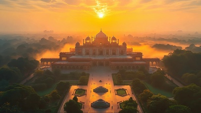 清晨晨雾宏伟宫殿庄园