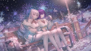 温馨雪中烟花长椅少女