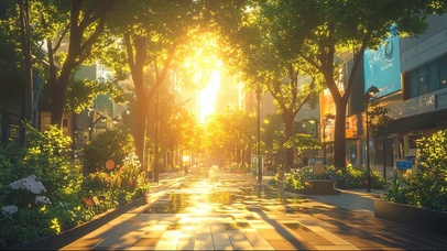 绿色城市街角花园夕阳