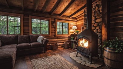 【雨景】温暖的木屋客厅