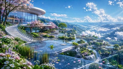 春日云端樱花水景仙境