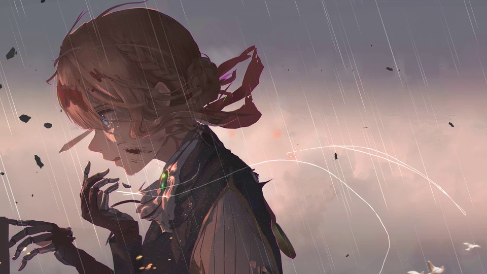 雨中侧脸少女，编盘棕发系红丝带，带机械义手，背景粉紫渐变雨幕。