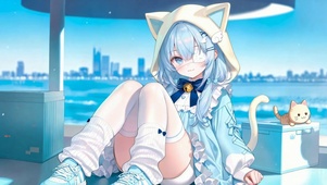 海边蓝发猫耳二次元美少女