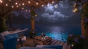 夜晚安静湖畔小屋