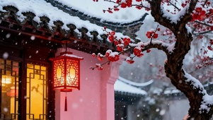 雪梅灯笼雪景