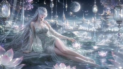 月下莲池银发仙姬