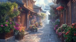 清晨静谧古风小镇街道