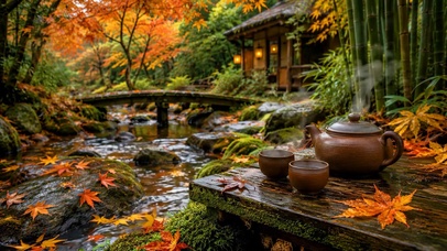 秋天落叶溪流品茶