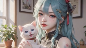 温馨居家女孩和猫