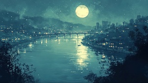 长河圆月城市大桥夜景