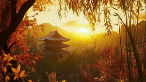 秋日绚丽落日山林小镇