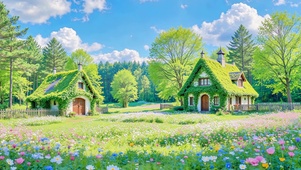 绿色草地森林小屋