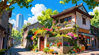 白云花草树木街道