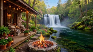 春天山间瀑布木屋