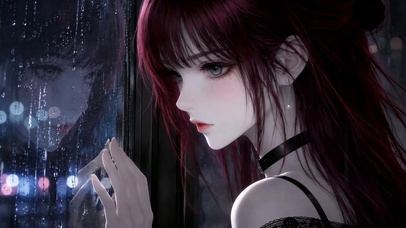雨夜窗边红发美少女