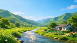 山川流水小屋美丽风景