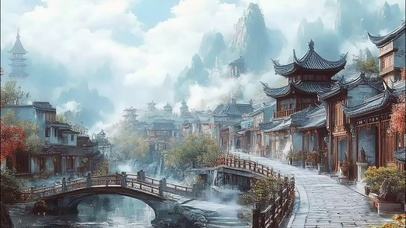 云雾缭绕山水古城建筑