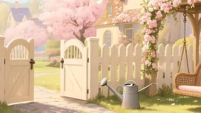 护眼樱花树木房屋带鱼屏双屏