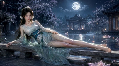 月夜花湖古风汉服美女