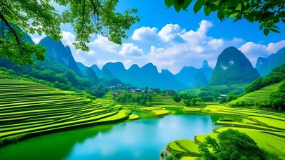 绿色梯田山水护眼