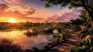 日落湖畔唯美古风园林风光