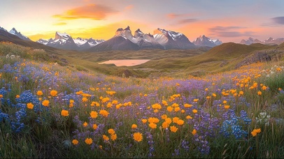 落日连绵紫色花海丘陵