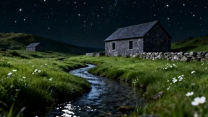夜景树木河流