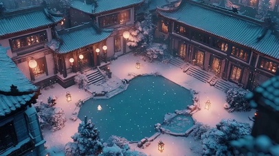 冬日飘雪庭院池塘建筑
