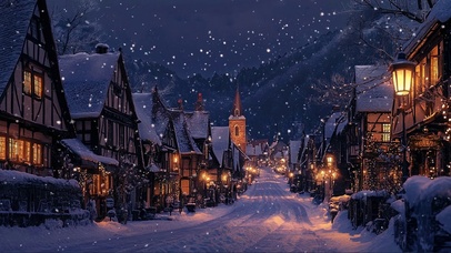 冬夜飘雪静谧欧式小镇