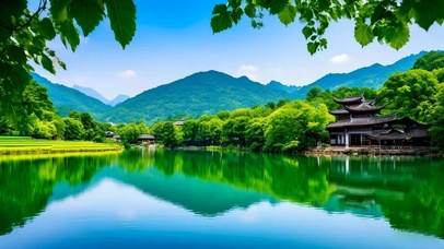 护眼绿色山水小镇