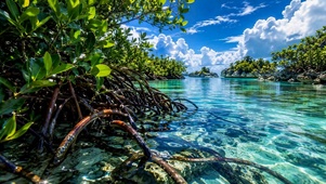 清澈蓝湾红树林治愈自然风景