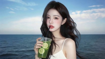 治愈海边吹风女孩