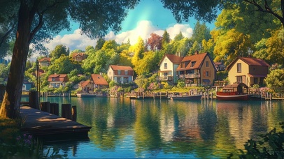 晴天森林湖畔宁静小镇