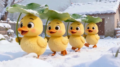 萌系可爱黄色小鸭子冬日排队旅行