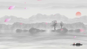 唯美中国风水墨画玫瑰花瓣船只