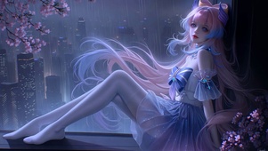 雨夜窗边蓝裙粉发美少女